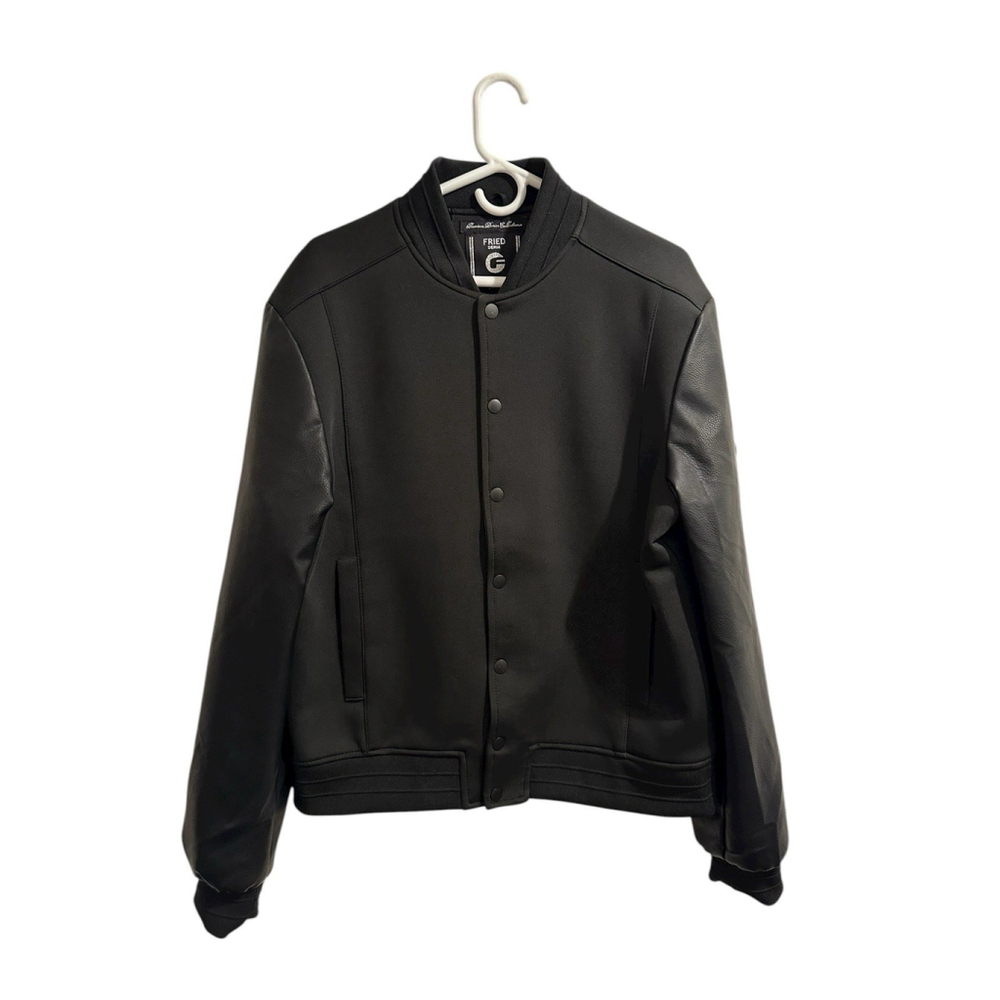 Fried Denim Sleek Chic Varsity Jacket Womens XL BLACK Faux Leather Long Sleeves